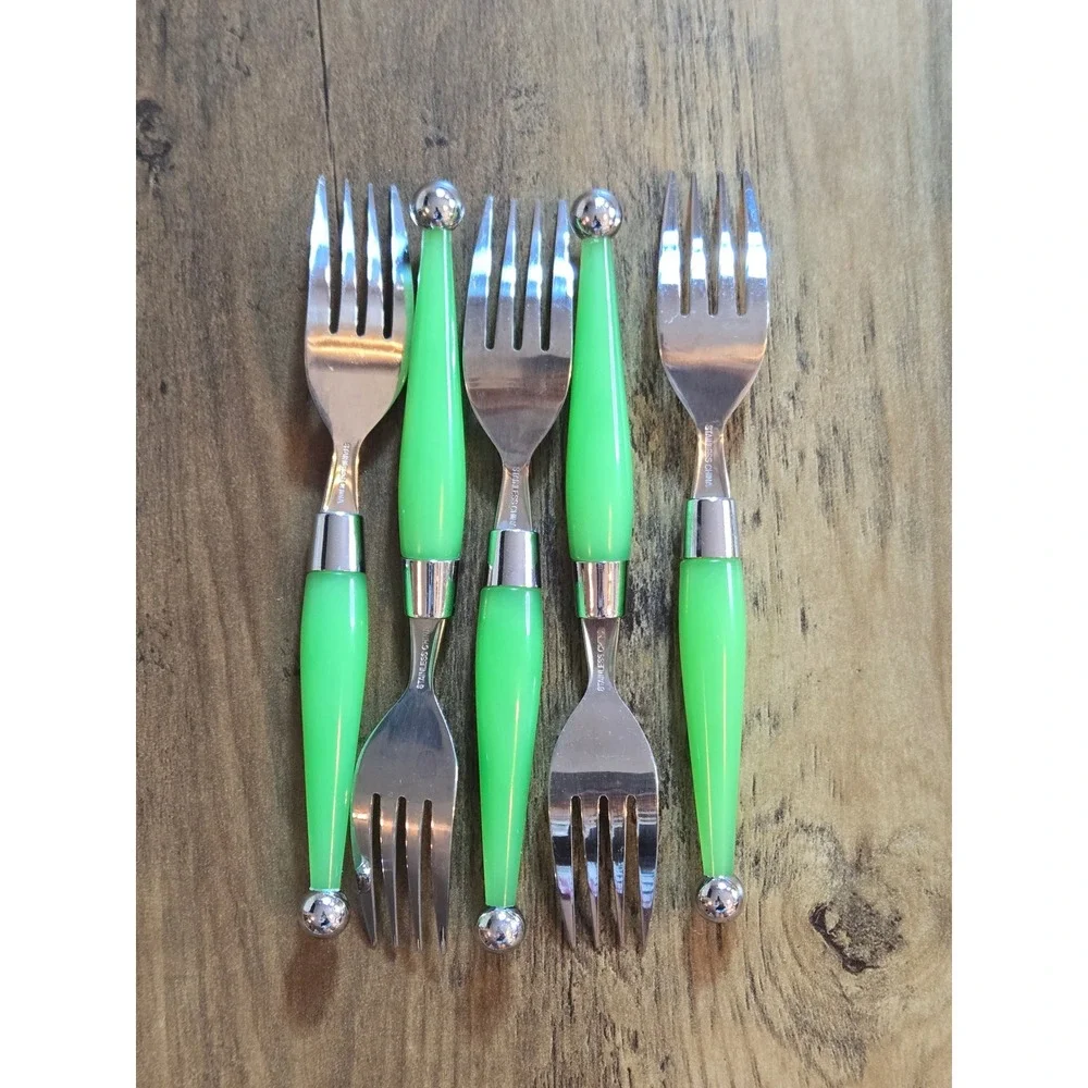 10pc Stainless Steel Dinner Forks Salad Forks Neon Plastic Tapered Handles MCM